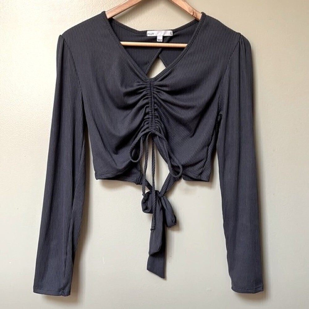 NWOT Ribbed Long Sleeve Cut Out Open Back Crop Top Front Tie Size Large